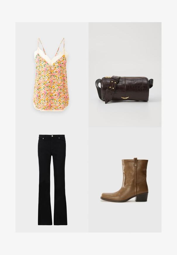 Das blumige Cami-Top zeichnet sich durch ein lebhaftes Muster in Pink, Orange und Gelb aus, mit verstellbaren Trägern und einer dekorativen Spitze am Ausschnitt.; Schwarze, ausgestellte Jeans aus Denim, ausgestattet mit zwei Fronttaschen, einem Knopfverschluss und einer glatten Oberfläche. Signatur-Nähte an den Nähten sichtbar.; Braune Leder-Ankle-Boots mit quadratischer Zehenform, strukturiertem Finish und niedrigem, gestapeltem Absatz. Ausgestattet mit einer Zuglasche auf der Rückseite und dezenten Stickdetails.; Braune, krokodilgeprägte Lederhandtasche mit zylindrischer Form, goldfarbener Hardware und einem abnehmbaren Tragegurt mit Nieten.