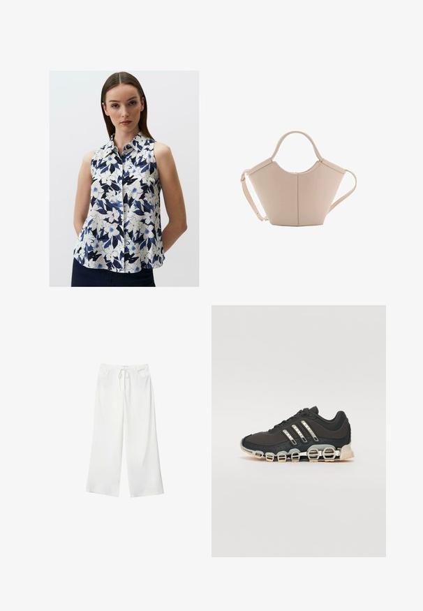 Ärmellose Bluse aus leichtem Stoff mit floralem Muster in Blau, Marineblau und Weiß. Mit Knopfleiste und spitzem Kragen.; Weiße, weite Hosen aus weichem Stoff, mit einem Kordelzug in der Taille und zwei vorderen Taschen. Glatte Textur und keine sichtbaren Muster.; Schwarzer Sportschuh mit einer strukturierten Oberseite, drei silbernen Streifen und einer markanten Dämpfungssohle mit mehreren integrierten Sektionen.; Beige Lederhandtasche mit einer einzigartigen Form, die zwei kurze Henkel und einen langen verstellbaren Riemen aufweist. Glatte Textur mit minimalen Hardware-Elementen.