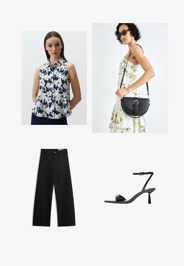 Mouwloze blouse van lichtgewicht stof met een bloemenpatroon in blauw, marineblauw en wit. Knoopsluiting met een puntkraag.; Zwarte denim broek met wijde pijpen en een hoge taille, voorzien van voor- en achterzakken, gestikte naden en een knoopsluiting. Gladde textuur.; Bershka Sandalen met hoge hak - black; Zwarte leren handtas met een gebogen vorm, afneembare schouderband en gouden hardware. De tas heeft een klep met een gespsluiting.