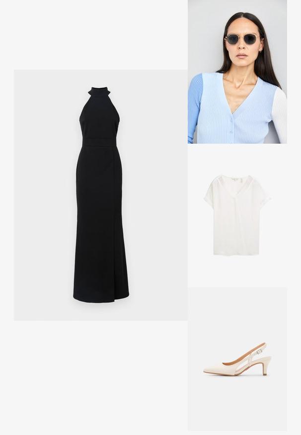 Top bianco a maniche corte con scollo a V, realizzato in tessuto leggero. Presenta maniche arrotolate e una vestibilità morbida, con una texture liscia.; Abito nero a collo halter con corpino aderente, gonna lunga fino al pavimento e spacco laterale. Realizzato in tessuto morbido con un design elegante e minimalista.; Slingback bianco con punta affusolata, materiale superiore liscio, tacco basso a blocco e design con ritagli laterali, dotato di cinturino regolabile con fibbia.; Occhiali da sole rotondi con lenti scure e montatura dorata. Il modello indossa un cardigan leggero azzurro a costine con bottoni e maniche bianche a contrasto.; Wristlet Michael Kors in tela rivestita beige con motivo a logo MK ripetuto, hardware dorato e tracolla a catena staccabile.