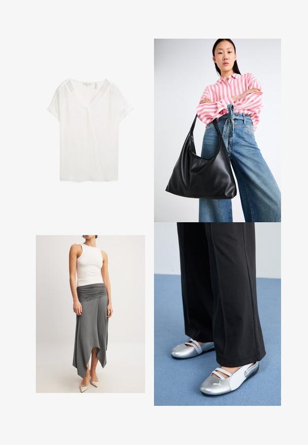 Valge lühikeste袖iga top V-kaelusega, valmistatud kergest kangast. Omab rullkäiseid ja lahedat lõiget, sileda tekstuuriga.; Varrukateta valge top, millele on sobitatud voolav hall seelik, millel on rüüti vöökoht ja asümmeetriline äär. Mudel kannab beeži kontsaga jalanõusid.; Hõbedased ja valged lameste kingad risti rihmadega ning tekstuursete detailidega, mida täiendab laiad mustad püksid. Taustal on sinine põrand.; Must musta õlakott lahtise kuju ja õmbluse detailidega. Mudel kannab roosa ja valge triibulist särki koos laia jalgadega siniste teksadega.