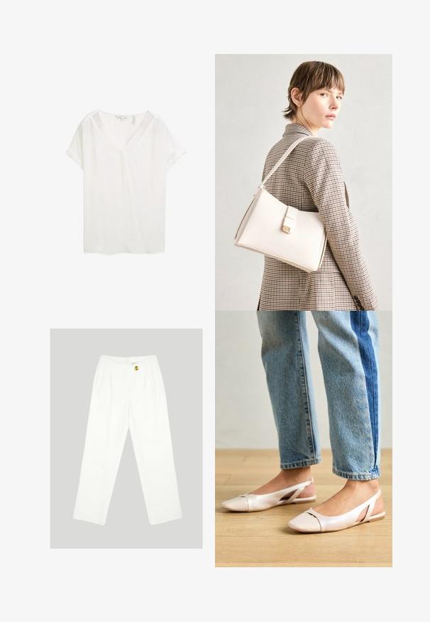 Balts īsām piedurknēm krekls ar V veida kakla izgriezumu, izgatavots no viegla auduma. Tam ir sarullētas piedurknes un brīvs griezums, ar gludu tekstūru.; Baltas, platajām kājām bikses, izgatavotas no gludas auduma. Aprīkotas ar vienu dzeltenu pogu un plektu priekšpusi. Redzami kabatas nav.; Bālti rozā siksniņu dzīvokļi ar smailu purngalu, izgatavoti no gludas ādas līdzīgās materiāla. Iezīmē izgriezumu detaļas sānos un platu papēdi.; Balta ādas rokassoma ar strukturētu dizainu, kurai ir magnētiska aizdare un plecu josta, parādīta uz neitrāla fona.