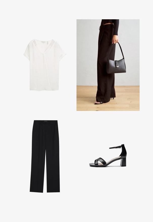 Valkoinen lyhythihainen paita, jossa on V-päällyste, valmistettu kevyestä kankaasta. Omistaa käännetyt hihat ja rentoa istuvuutta, sekä sileän pinnan.; Mustat housut suoralla lahkeella, joissa on kaksi etutaskua ja vyötärö. Valmistettu sileästä, kevyestä kankaasta.; Musta avotossu, jossa on ristikkäiset hihnat, säädettävä nilkkaremmi ja paksu korko, painottuen sileään nahkatextuuriin.; Musta käsilaukku, jossa on rakenteellinen muoto, sileä pinta ja metallinen solki. Yhdistetty leveisiin mustiin housuihin ja avonaiheisiin sandaaleihin puulattialla.