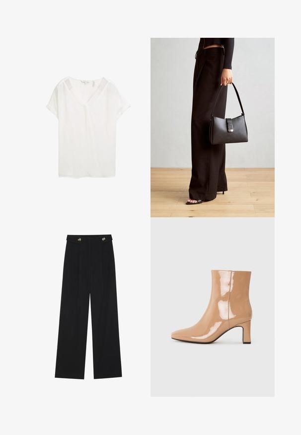 Witte top met korte mouwen en een V-hals, gemaakt van lichtgewicht stof. Kenmerkt zich door opgerolde mouwen en een relaxte fit, met een gladde textuur.; Zwarte wijde broek met hoge taille, knoopdetails op de tailleband en plooien aan de voorkant.; Nude patent leren enkellaarsjes met een spitse neus, een glanzende afwerking en een mid-hoge blokhak. Gladde textuur en elegante silhouet.; Zwarte handtas met gestructureerde vorm, gladde textuur en een metalen sluiting. Gecombineerd met brede zwarte broeken en sandalen met open teen op een houten vloer.