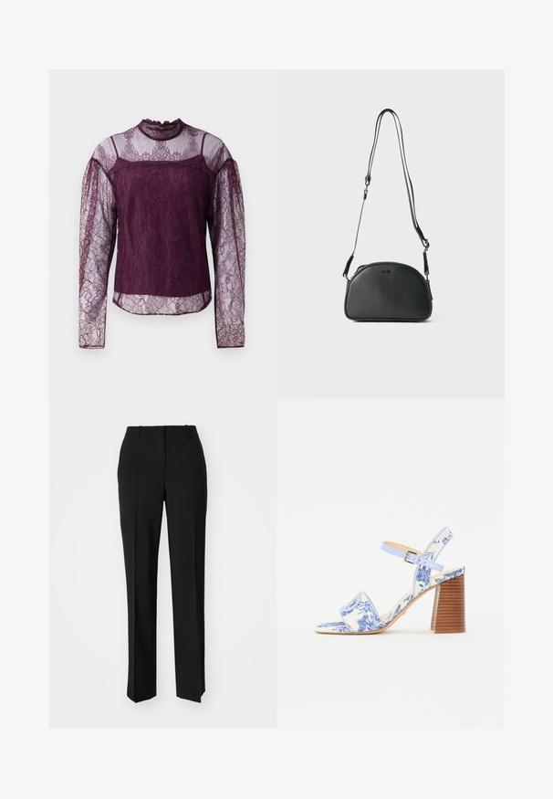 Violeta mežģīņu blūze ar garām piedurknēm, kam ir caurspīdīgas daļas uz piedurknēm un augšējā krūšu daļā, ar augstu kaklu un izsmalcinātiem ziedu rakstiem.; Melnas pielāgotas bikses ar taisnu kāju dizainu, kas raksturojas ar gludu faktūru un asiem krokām pa priekšu. Nav redzamu metāla detaļu.; Zili ziedu raksta sandales ar kvadrātu purngalu, platu siksnu un regulējamu potītes siksnu, kurām ir struktūrēts koka bloks papēdis.; Melnas ādas plecu soma ar noapaļotu formu, divām regulējamām siksnām un smalku logotipu priekšpusē. Raksturīga ārējā virsma, minimālisma dizains.