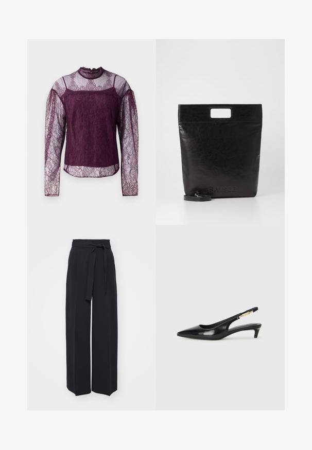 Lillafarget bluse med lange ermer i blonder, med gjennomsiktige seksjoner på ermene og øvre bryst, med høy hals og intrikate blomstermønstre.; Bredde ben sorte bukser laget av myk stoff. Har belted liv og frontfolder. Jevn tekstur med et rent, moderne design.; Sorte lærreim hæler med spiss tå, som har en slank hæl og en gullfarget detalj på den justerbare stroppen. Glatt tekstur.; Svart lær tote veske med firkantet håndtak, med teksturert overflate og preget logo. Inkluderer en avtagbar stropp.