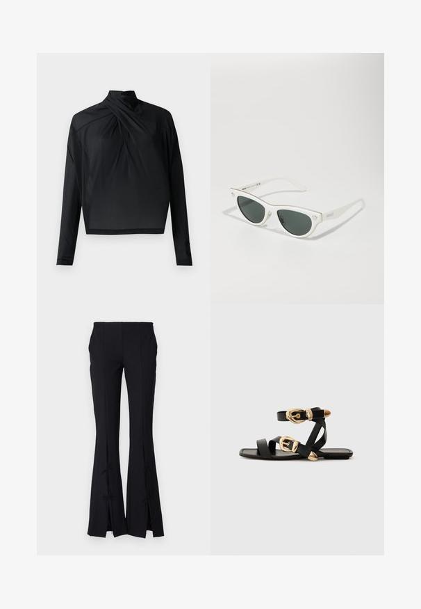 Top preto de mangas longas com colarinho alto e detalhe frontal torcido. Feito a partir de um tecido suave, apresenta um comprimento cropped e mangas ajustadas.; Calças pretas de corte amplo feitas de um tecido liso, apresentando fendas na bainha atadas com laços para um detalhe adicional.; Sandálias de couro pretas com detalhes em fivela dourada, apresentando várias tiras e um design de sola plana para uso à vista.; Óculos de sol brancos em formato de gato com lentes escuras, detalhes em dourado na armação e logotipo na lateral. Material plástico liso.