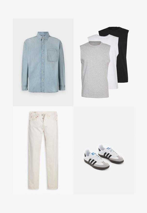 Camisa de ganga azul clara com mangas longas, fechamento frontal com botões e um único bolso no peito. Apresenta um colarinho clássico e punhos standards.; Três t-shirts sem mangas em cinza, branco e preto. Material de algodão macio com decote redondo e corte descontraído. Design simples, sem padrões.; Jeans de corte slim de cintura alta off-white com fecho de botão, cinco bolsos e rebites de cobre, dispostos sobre um fundo branco.; Ténis desportivos com um cabedal em pele branca, biqueira em camurça cinza e três riscas pretas. Apresenta um logo azul na língua e uma sola de borracha texturizada.