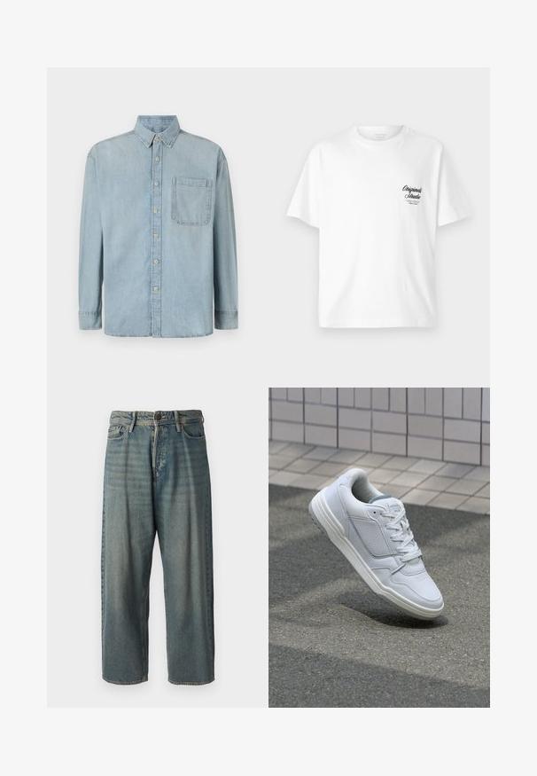 Svijetloplava traper košulja dugih rukava, sa dugim rukavima, prednjim kopčanjem na dugmadima i jednom džepom na prsima. Ima klasični ovratnik i standardne manžete.; Bela bomba iz bombaža s krojnim ovratnikom, kratkimi rokavi in črnim tiskanim logotipom na levi strani prsnega koša, ki ima vintage pisavo.; Svetlomoderne kavbojke z ohlapnim krojem, srednjim pasom in ravnimi nogami. Imajo pet žepov, zanke za pas in zapiranje na gumb.; Bela usnjena superga s perforiranimi stranicami, teksturiranimi detajli, ravnimi vezalkami in kontrastno sivo peto. Ima rahlo dvignjen podplat.