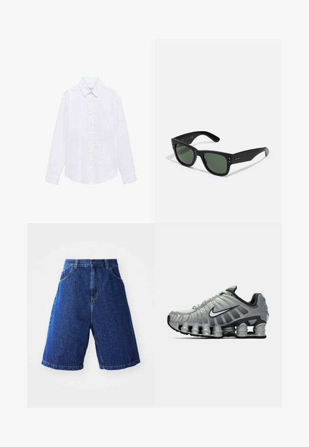 Bílá dlouhá košile z bavlněné látky. Má špičatý límec, zapínání na knoflíky a jednoduché manžety. Minimalistický design bez vzorů.; Bílý bavlněný top na ramínka s kulatým výstřihem, širokými ramínky a rovním lemem, s hladkou texturou a bez viditelných vzorů.; Denimové kraťasy s modrým ombré, s vysokým pasem, dvěma předními kapsami a žlutým prošíváním podél švů.; Šedá a černá běžecká obuv Nike s viditelným odpružením podobným pružině pod podrážkou a bílým logem swoosh na boku.; Černé obdélníkové sluneční brýle se zelenými skly, matným povrchem, nenápadnými kovovými akcenty a Embosovaným logem na stranicích.; Tři bandany: jedna žlutá s černými vzory, jedna bílá s černými designy a jedna černá s bílými grafikami. Všechny jsou čtvercové, vyrobené z lehkého materiálu.; Černá ramenní taška vyrobená z texturované tkaniny, s diagonálním designem, nastavitelným popruhem a stahovacími uzávěry po stranách.