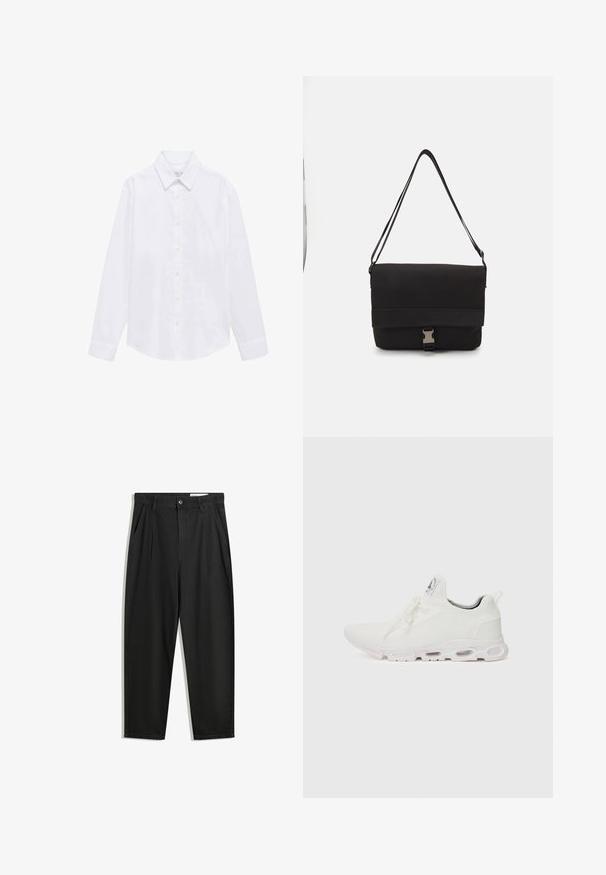 Biała koszula z długim rękawem z bawełny. Posiada kołnierzyk w szpic, zapięcie na guziki i pojedyncze mankiety. Minimalistyczny design bez wzorów.; Czarne bawełniane spodnie o luźnym kroju, z klasycznym pasem, przednimi plisy oraz bocznymi kieszeniami. Gładka struktura, bez wzorów.; Białe buty sportowe z teksturowaną cholewką z dzianiny, płaskimi sznurowadłami oraz wyściełaną podeszwą z widocznymi komorami powietrznymi dla dodatkowego wsparcia.; Czarna torba na ramię wykonana z gładkiego materiału, z klapą na złożeniu, srebrnymi zapięciami i regulowanym paskiem na ramię.