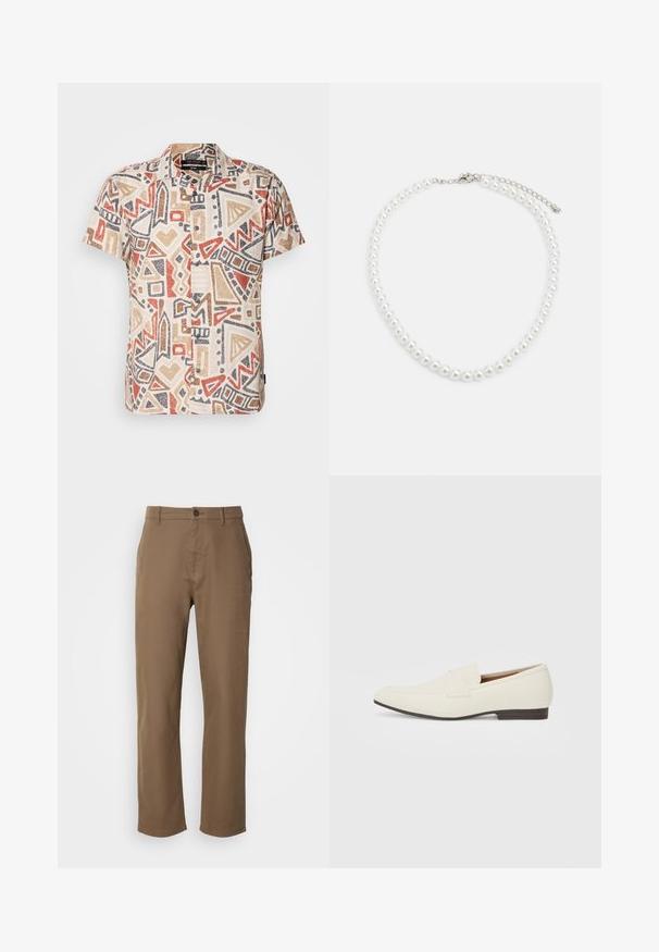 Trumpas rankovėmis marškiniai su smėlio spalvos fonu ir geometriniais raštais raudona, ruda ir juoda spalvomis; sagų uždarymas, lengvas audinys.; Rudos medvilnės kelnės su tiesiu siluetu, mygtukų uždarymu ir šoninėmis kišenėmis. Pasižymi lygiu paviršiumi ir paprastu, nepuošniu dizainu.; Šviesiai smėliniai loaferiai su smailiu pirštu, lygaus paviršiaus, dirželiu per viršų ir žema ruda padanga. Paprastas dizainas su minimaliais akcentais.; Balta perlų kaklo grandinėlė, su vienodai apvalia forma, lygiu paviršiumi ir metaline sagtimi su ilginimo grandinėle, leidžiančia reguliuoti ilgį.