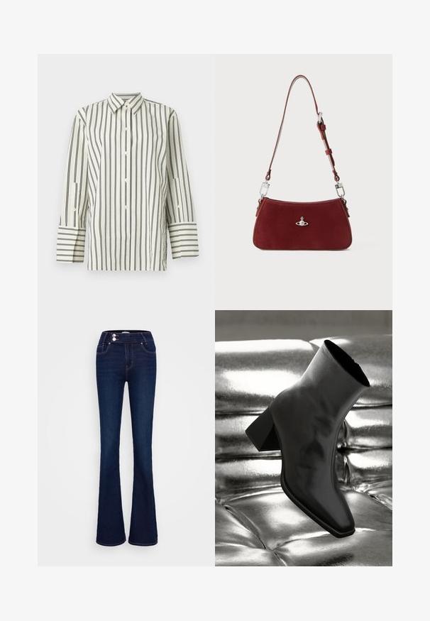 Ovratna, zapnjava se s gumbi, srajca v kremasti barvi z navpičnimi črnimi črtami. Ima dolge rokave s kontrastnimi črtastimi manšetami in teksturiran tkanino.; Temno modri široki kavbojke z visokim pasom, dvema sprednjima žepoma in dvema gumboma za zapiranje. Narejene iz denima z gladko teksturo.; Črne gležnjarje iz sijočega materiala s kvadratnim prstom in zoženim peto, postavljene na sijoče srebrno oblazinjeno ozadje.; Rdeča semiš torba za rame s ukrivljeno obliko. Ima srebrno-tonski poudarjen detajl in nastavljiv trak z kovinskimi detajli. Gladka tekstura.; Srebrne obročaste uhane z gladko, sijočo površino. Zaobljena oblika, lahka zasnova, z zapiranjem na zatič.