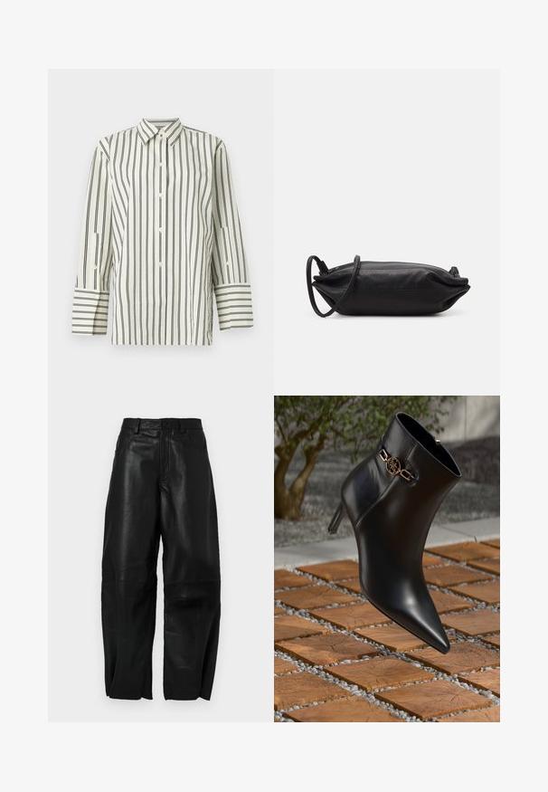 Košile s límečkem a knoflíky v krémové barvě s vertikálními černými pruhy. Má dlouhé rukávy s kontrastními pruhovanými manžetami a texturovanou tkaninu.; Černé kožené kalhoty s volným střihem, s rovným designem nohavic, předními kapsami a viditelnými švy.; Černé kožené kotníkové boty s špičatou špičkou a malým podpatkem. Vyznačují se zlatým řetízkovým detailem na kotníku. Umístěny na texturovaném kamenném povrchu.; Černá kožená psaníčko rectangularního tvaru, hladké textury, tenkého ramenního popruhu a minimalistického designu.