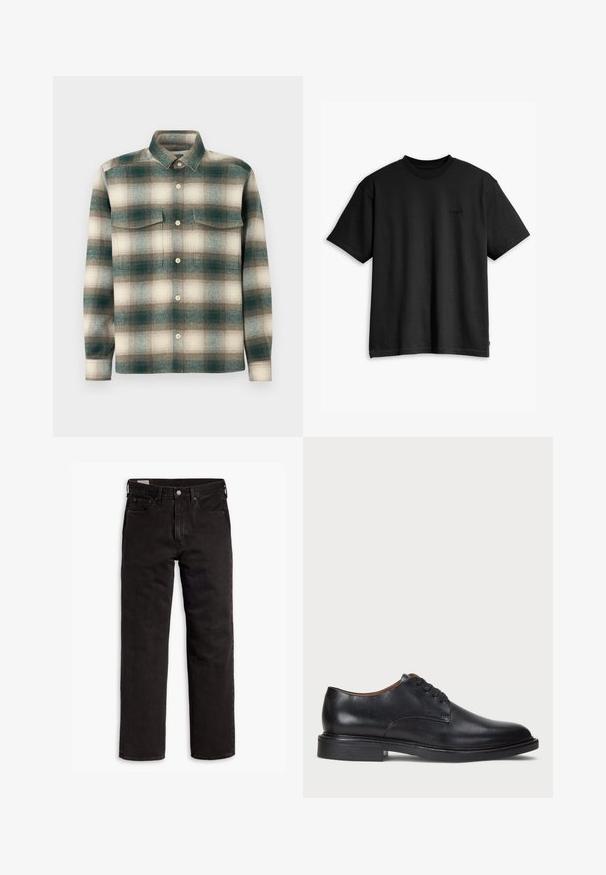 Ruudullinen paita vihreän, beigen ja ruskean sävyissä. Valmistettu teksturoidusta kankaasta, jossa on napitettavat etuosat ja kaksi rintataskua.; Musta puuvillapaita, jossa on pyöreä kaula-aukko ja lyhyet hihat. Edessä on huomaamaton logo ja suora helma. Yksinkertainen ja minimalistinen muotoilu.; Mustat suorat farkut, joissa on viisi taskua, nappisulku ja vyölenkit, aseteltuna tasaisesti valkoista taustaa vasten.; Musta nahkakenkä, jossa on pyöreä varvas, nauhakiinnitys ja matala tukipohja. Tasainen pinta, jossa on minimaalinen ommeltu yksityiskohta.