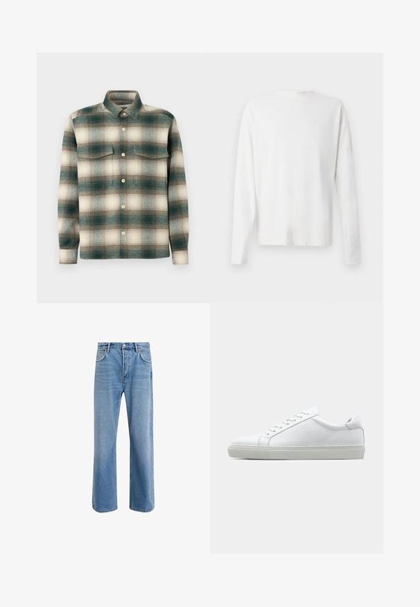 Plaid shirt in shades of green, beige, and brown. Made of textured fabric with a button-down front and two chest pockets.; Long-sleeved white cotton shirt with a round neckline, side slits at the bottom, and a smooth texture, displayed from the back.; Light blue denim jeans with a straight-leg design, five pockets, button closure, minimal fading, and contrasting stitching details.; White sneaker with a smooth leather upper and a low profile. Features a rounded toe, six eyelets, and a textured rubber sole.