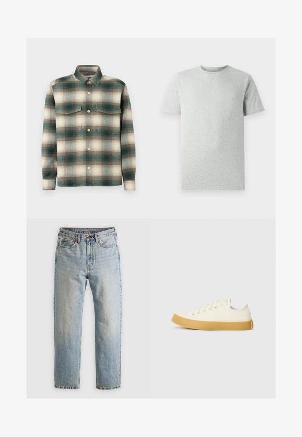Ruudullinen paita vihreän, beigen ja ruskean sävyissä. Valmistettu teksturoidusta kankaasta, jossa on napitettavat etuosat ja kaksi rintataskua.; Yksinkertainen vaalea harmaa lyhythihainen t-paita, jossa pyöreä kaula-aukko, esitetty valkoista taustaa vasten, edestä katsottuna ilman näkyviä logoja tai kuvioita.; Vaaleansininen farkut, joissa on korkea vyötärö, etunappi, vetoketju ja viisi taskua, asetettu tasaisesti neutraalille taustalle.; Kankava sneakers vaaleassa valkoisessa, pyöreällä varvalla, jossa on beiget kumipohjat ja viisi reikää nauhoille, teksturoitu pinta ylemmässä osassa.