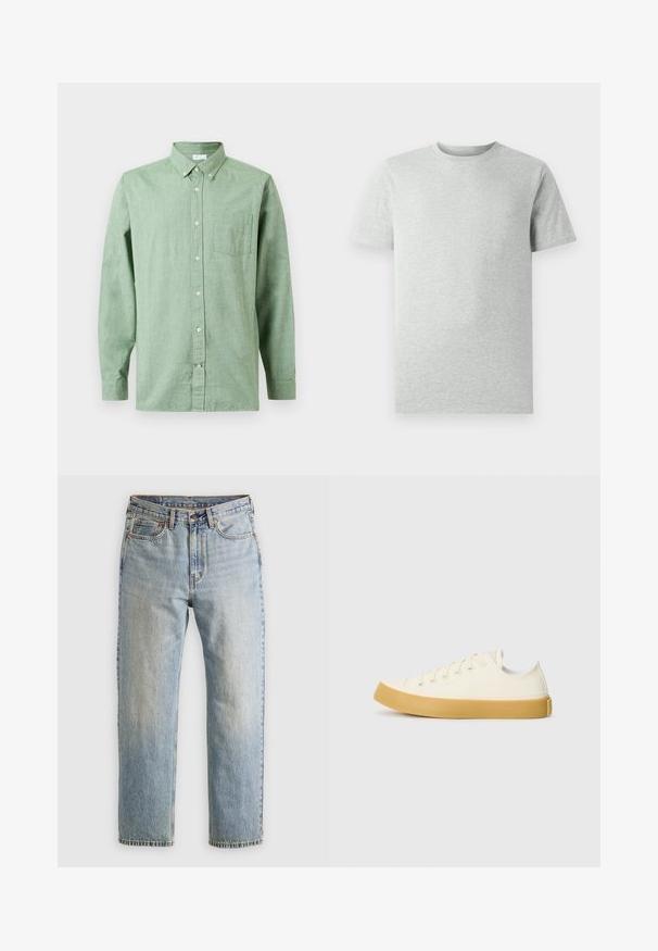 Camisa de botones de manga larga de color verde claro con bolsillo en el pecho, cuello abotonado y botones beige sobre fondo liso.; Camiseta de corte clásico de manga corta en gris claro liso, mostrada sobre un fondo blanco, vista frontal sin logotipos ni diseños visibles.; Jeans de mezclilla azul claro de cintura alta, con botón frontal, cremallera y diseño de cinco bolsillos, dispuestos sobre un fondo neutro.; Zapatillas de lona en color blanco roto con punta redonda, que cuentan con suelas de goma beige y cinco ojetes para los cordones, acabado texturizado en la parte superior.
