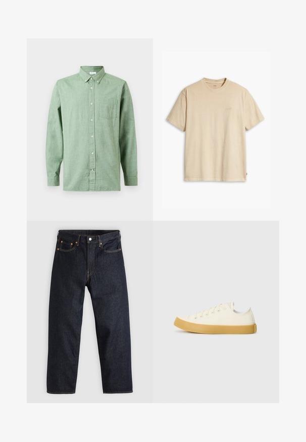 Μακρυμάνικο ανοιχτό πράσινο πουκάμισο με τσέπη στο στήθος, κουμπωτή γιακά και μπεζ κουμπιά σε απλή φόντο.; Μπεζ βαμβακερό T-shirt με στρογγυλή λαιμόκοψη και κοντά μανίκια. Διαθέτει ένα διακριτικό λογότυπο "Levi's" στο ίδιο χρώμα στην περιοχή του στήθους. Μαλακή υφή.; Σκούρο μπλε τζιν παντελόνι με ίσια γραμμή, πέντε τσέπες, αντίθετη πορτοκαλί ραφή και κουμπί στην μέση. Χωρίς ορατά σχέδια ή διακοσμήσεις.; Καμβάς αθλητικά παπούτσια σε εκρού απόχρωση με στρογγυλή μύτη, διαθέτοντας μπεζ λάστιχα σόλες και πέντε οπές για κορδόνια, με υφή στην επάνω επιφάνεια.