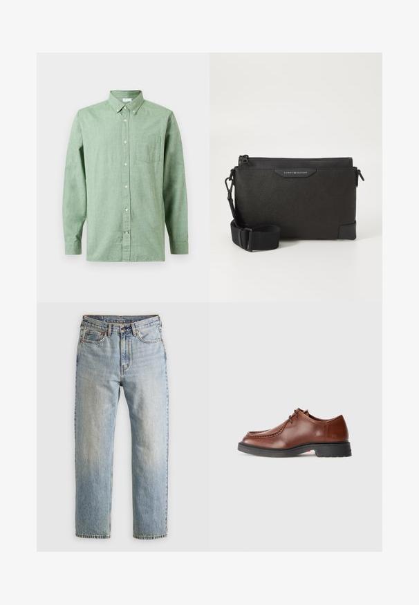 Pikkade varrukatega helesinine nööpidega särk, rinnataskuga, nööpidega krae ja beežide nuppudega, tasasel taustal.; Heledad hele sinine teksapükste kõrge vöökoht, ees nupuga, lukuga ja viie taskuga disain, asetatud tasasele neutraalsele taustale.; Pruun nahkne ülikonksutav king, millel on ümar nina, kontrastne õmblus, kingapaela disain ja tekstureeritud must kummisool.; Must muströöl tikuga must nahk crossbody kott, millel on tekstuuriga viimistlus, lukuga sulgemine ja reguleeritav rihm. Ees on logo silt. Ristkülikukujuline.