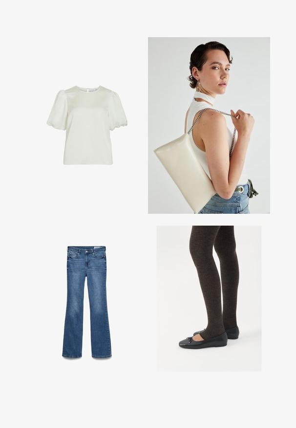 Bela kratka bluzica s kratkimi rokavi in okroglo izrezom ter napihnjenimi rokavi, ki ima zanko na zadnji strani.; Modri traperasti flare kavbojke z zmerno visokim pasom, dvema sprednjima žepoma in šiviljskim pasom. Mehka tekstura in tradicionalna zasnova s petimi žepi.; Črne ravne čevlje z majhnim lokom na prstih, v kombinaciji s temno rjavimi rebrastimi nogavicami. Čevlji imajo gladko teksturo in nizko obliko.; Bela pravokotna torbica za ključe iz sijajnega materiala, opremljena s srebrno verižico. Model pozira in prikazuje torbico na enobarvni podlagi.