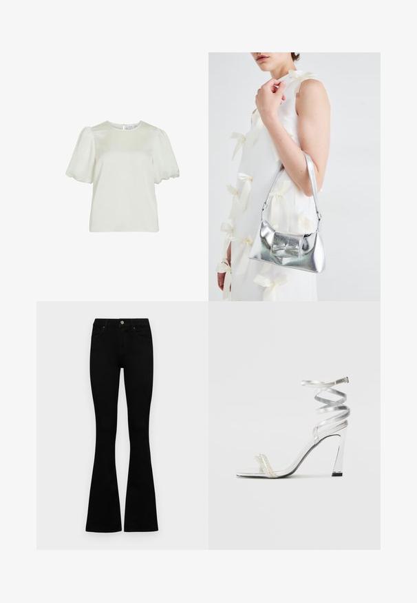Hvit kortermet bluse med rund hals og puffermer, med knapping bak.; Sorte høytlivsjeans med knapp og glidelås, frontlommer og utsvingte bein liggende flatt på en hvit bakgrunn.; Sølv høyhælte sandaler med et glitrende stroppdesign, som har en perle-lignende akcent og en spiralformet ankelstropp for sikker passform.; Sølvmetallisk håndveske med en strukturert form, med en topphåndtak og sløyfedetalj foran. Glatt tekstur, reflekterende overflate.