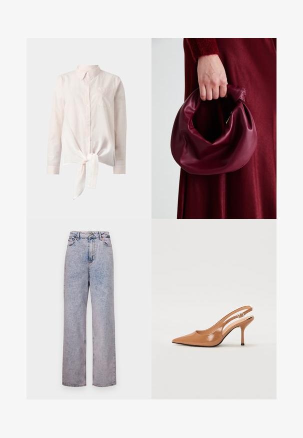 Light pink, long-sleeve shirt with a collar and a tied front hem. Features a small pocket on the left side. Background is plain white.; Light blue denim jeans with a relaxed, straight-leg cut, featuring a high waist, five-pocket design, and bronze button hardware.; Pointed toe slingback heel in a smooth, glossy tan material. Features a curved cutout design and a slender stiletto heel. Silver buckle detail.; Burgundy leather handbag with a soft, gathered design and a rounded shape. The handle is secured, showcasing a smooth texture.