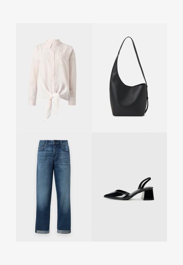Svetlo roza, srajca z dolgimi rokavi in ovratnikom ter zavezanim sprednjim robom. Ima majhno žep na levi strani. Ozadje je čisto belo.; Denim hlače v srednje modrem pranju z ravnim krojem, ki vsebujejo zvite manšete in minimalno obrabo. Klasičen pet-pocket stil.; Črne lakirane slingback pete s koničastim nosom in geometrijsko blokasto peto. Imajo eleganten, minimalističen dizajn in gladko teksturo.; Črna usnjena hobo torba z gladko teksturo, ukrivljeno obliko in eno nastavljivo naramnico; ima širok odprtina na vrhu.