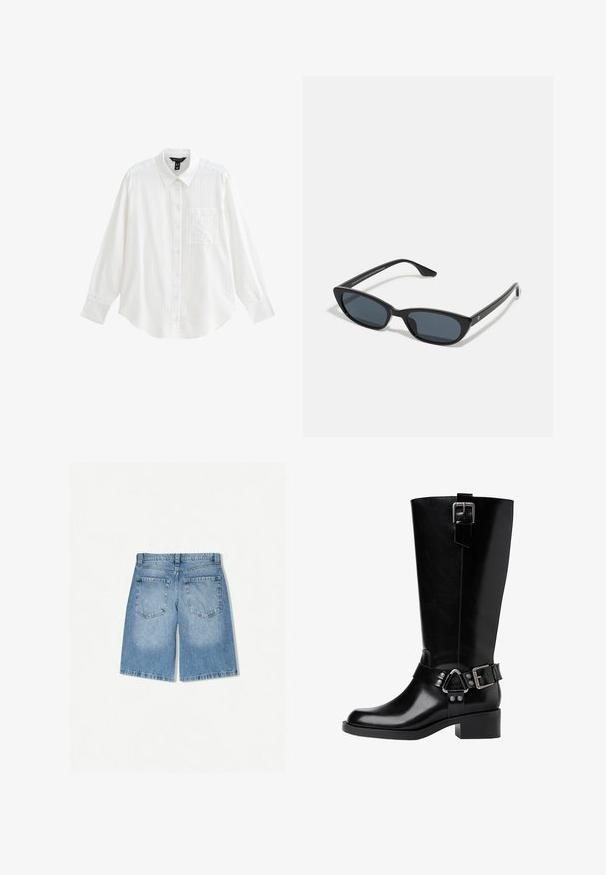 White button-up shirt with a pointed collar, long sleeves, vertical stripes, and a chest pocket. Fabric appears lightweight and textured.; Denim shorts in light blue with a relaxed fit. Features two back pockets and a straight leg design. Smooth texture with minimal fading.; Black leather knee-high boot with a rounded toe, a chunky heel, adjustable strap with hardware accents, and a glossy finish.; Black cat-eye sunglasses with dark lenses, plastic frame, slim temples, and subtle branding on the inner arm. Matte finish texture.; Black leather shoulder bag with a curved silhouette, featuring a gold chain strap and a smooth, glossy finish.