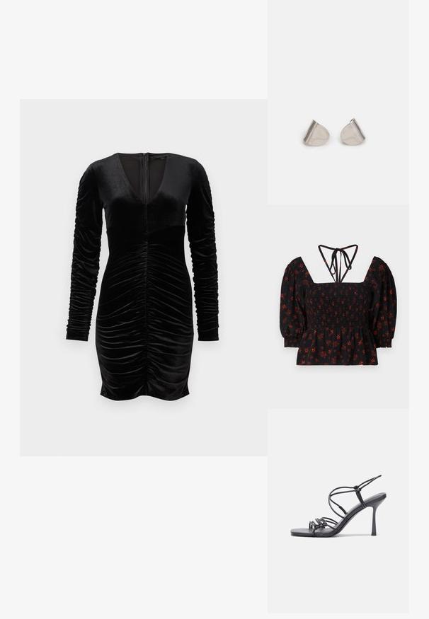 Črna bluzasta s cvetličnim vzorcem, napihnjenimi rokavi, nagubanimi prsi, kvadratnim izrezom in nastavljivimi trakovi na hrbtni strani.; Črna žametna obleka z dolgimi napihnjenimi rokavi, globokim V-izrezom in nabrano podrobnostjo spredaj. Zadrga na hrbtni strani. Gladka tekstura.; Črne visoke sandale na peto imajo tanke naramnice z vozlom, gladek kvadratni toe in eleganten stiletto peto.; Svetlo siva kovinska torbica z verižnim ročajem, okrašena z majhnimi okroglimi kovinskimi bleščicami in trikotnim logotipom blagovne znamke.; Srebrne uhane z gladko, kapljično obliko in poliranim finishem. Nežna graviranja dodajajo detajle. Minimalističen dizajn.