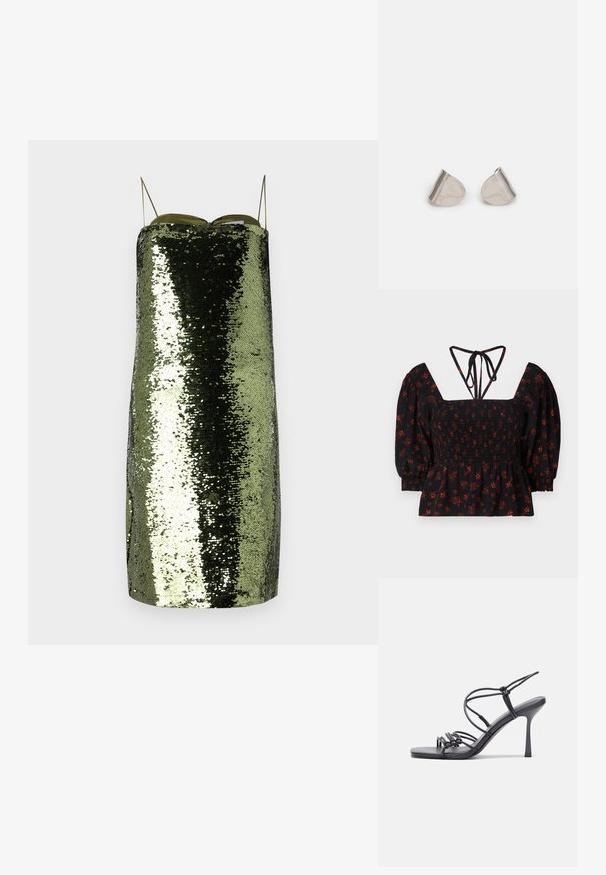 Musta kukkakuosiset pusero, jossa on puffihihat, rypytetty yläosa, neliökaula-aukko ja säädettävät nauhat selässä.; Vihreä paljettimekko suoralinjaisella leikkuulla, ohuilla säädettävillä olkaimilla, heijastavalla pinnalla ja kapealla siluetilla.; Mustat korkokengät sandaalit, joissa on ohuet hihnat solmittuna, sileä neliön muotoinen varvasosa ja tyylikäs stiletto-korko.; Vaalea harmaa metallinen käsilaukku, jossa on ketjusanka. Laukku on koristeltu pienillä pyöreillä metallikoruilla ja kolmion muotoisella brändilogolla.; Hopea metalliset korvakorut, joissa on sileä, pisaramainen muoto ja kiillotettu pinta. Huomaamattomat kaiverrukset lisäävät yksityiskohtia. Minimalistinen muotoilu.