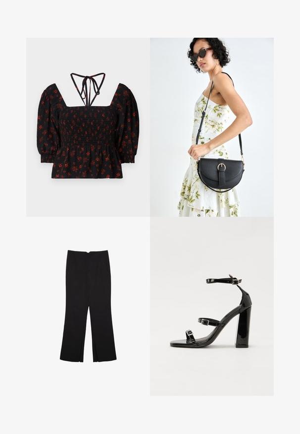 Blusa nera con stampa floreale, maniche a sbuffo, corpetto arricciato, scollatura quadrata e spalline regolabili sul retro.; Pantaloni neri a gamba dritta, con tasche frontali e spacchi laterali all'orlo. Realizzati in tessuto morbido e liscio. Adatti a diverse occasioni.; Sandali con tacco in vernice nera, con punta squadrata, cinturini alla caviglia e fibbie in argento. Presentano un tacco a blocco spesso per maggiore stabilità.; Borsa a tracolla nera in pelle con una forma curva, manico rimovibile e accessori dorati. La borsa presenta una patta con un dettaglio a fibbia.