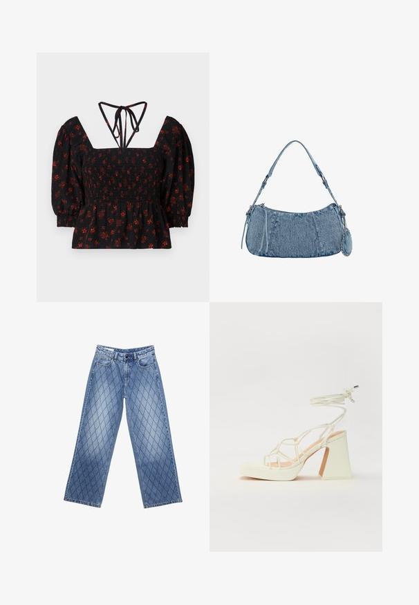 Schwarz gemusterte Bluse mit floralem Druck, Puffärmeln, gerafftem Oberteil, quadratischem Ausschnitt und verstellbaren Bindebändern auf der Rückseite.; Weite Jeans aus Denim in Hellblau mit einem gesteppten Diamantmuster, ausgestattet mit fünf Taschen und einem Knopfverschluss an der Taille.; Weiße High-Heel-Sandale mit einem klobigen Absatz, die über ein Riemchendesign und ein Knöchelband verfügt. Glatte Textur mit einer Plattform vorne für zusätzliche Höhe.; Denim-Handtasche mit geschwungener Form, hellblauer Farbe, verstellbarem Schultergurt und einem kleinen abnehmbaren Täschchen mit metallischen Akzenten.