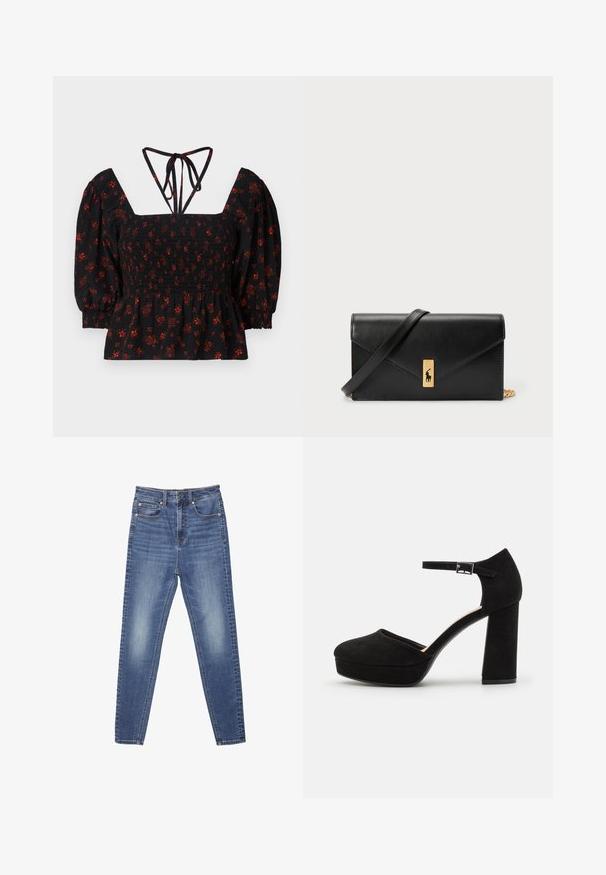 Čierna blúzka s kvetinovým vzorom, nafúknutými rukávmi, zúženým živôtikom, štvorcovým výstrihom a nastaviteľnými šnúrkami na chrbte.; Modré džínsové nohavice so strihom s rovnými nohavicami, piatimi vreckami a viditeľnými stehmi. Tkanina má vyblednutú textúru s hladkým povrchom.; Čierne semišové platformové opätky s hrubým blokovým opätkom, zaoblenou špičkou a remienkom okolo členka zabezpečeným kovovou prackou. Hladký povrch po celom obvode.; Čierna kožená peňaženka s preklápacou klopou, zlatými kovovými detailmi a logom. Obsahuje odnímateľný popruh na nosenie.