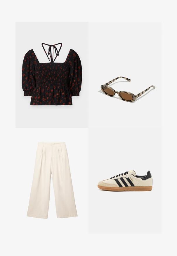 Fekete virágmintás blúz puffos ujjakkal, ráncolt mellrésszel, négyzet alakú dekoltázzsal és hátul állítható nyakkendős pántokkal.; Széles lábú nadrág világos bézs színben, puha, textúrált anyagból. Elöl pliszével és elasztikus derékkal rendelkezik a kényelmes viselet érdekében.; Beige sportcipő fekete csíkokkal, gumi talppal és fekete részletekkel. Simára cserzett bőr felsőrésze és kerek orra van.; Tortás napszemüveg ovális lencsékkel, barna árnyalatban és vékony mintás oldalakkal. Könnyű műanyagból készült, finom arany díszítésekkel.; Ezüst fém fülbevalók sima, csepp alakú formával és fényes felülettel. Finom gravírozások teszik részletessé. Minimalista dizájn.
