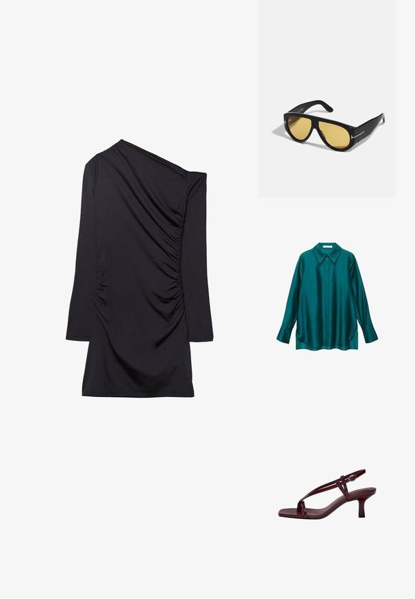 Türkises Satin-Hemd mit spitzem Kragen, langen Ärmeln und geschwunghem Saum. Mit Knopfleiste auf der Vorderseite und glatter, glänzender Textur.; Schwarzes Kleid mit einem einseitigen Design, langem Ärmel und gerafftem Stoff an der Seite. Hergestellt aus weichem, dehnbarem Material.; Burgunderfarbene High-Heel-Sandalen mit quadratischer Zehenform, schmalen Riemen und einem Knöchelverschluss. Glatte Lederstruktur und ein schlanker, Blockabsatz.; Schwarze Sonnenbrille mit geometrischem Rahmen, gelben Gläsern und goldenen Akzenten an den Bügeln. Glatte Oberfläche, breiter Schnitt, zeitgemäßes Design.; Goldfarbene Ohrringe mit einer organischen, bohnenähnlichen Form und glatter, reflektierender Oberfläche; verfügen über ein minimalistisches Design ohne sichtbare Hardware.