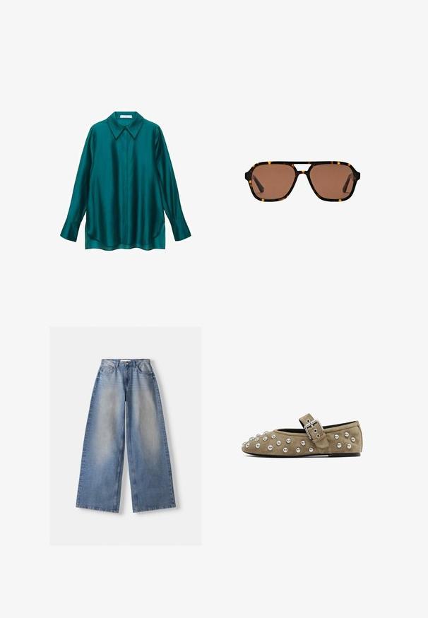 Teal satin skjorte med spidse kraver, lange ærmer og buet kant. Har knappelukning foran og en glat, blank overflade.; Bredde ben blå denim jeans med høj talje og falmede detaljer, lagt fladt på hvid baggrund.; Suedestøvle i taupe med metalliske nitter hen over tåen og læderrem med en sølvspænde. Rund tå og flad sål.; Brune-tonede rektangulære solbriller med skildpadde-mønstret stel og design med dobbelt bro på en hvid baggrund.; Hvid syntetisk håndtaske med en trekantet form, flad forsideklap og sløjfedetalje, justerbar strop, glat tekstur og minimalistisk design.