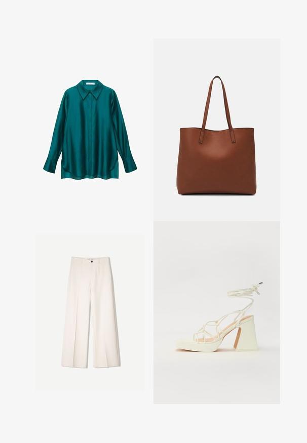 Teal satin skjorte med spidse kraver, lange ærmer og buet kant. Har knappelukning foran og en glat, blank overflade.; Cremefarvede bukser med bred benvidde og skræddersyet design, der har to forlommer og en enkelt frontknaplukning, lavet af et glat stof.; Hvide højhælede sandaler med en kraftig hæl, der har et stropdesign og ankelbinding. Glat tekstur med en platform foran for ekstra højde.; Brun læder tote taske med en glat overflade, åben topdesign og to skulderremme. Har minimal syning og ingen synlig hardware.