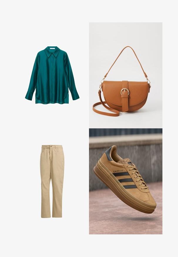 Tyrkysová saténová košeľa s ostrým golierom, dlhými rukávmi a zakriveným spodným lemom. Má gombíkovú légou na prednej strane a hladký, lesklý povrch.; Khaki bavlnené nohavice so rovný strihom, ktoré majú predné zapínanie na gombík, dve bočné vrecká a minimálne označenie na prednej strane.; Svetlé semišové tenisky s hladkým povrchom, obsahujúce tri tmavé pruhy, zaoblenú špičku a hrubšiu podrážku so vzorovaným okrajom.; Hnedá kožená kabelka cez telo s zakriveným tvarom, zlatými kovovými doplnkami a akcentom s prackou. Obsahuje odnímateľný ramenný popruh.