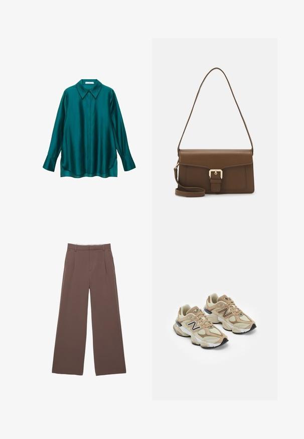 Türkises Satin-Hemd mit spitzem Kragen, langen Ärmeln und geschwunghem Saum. Mit Knopfleiste auf der Vorderseite und glatter, glänzender Textur.; Weite Hosen aus einfarbigem braunem Stoff, mit einer glatten Textur, vorderen Falten und einem maßgeschneiderten Bund. Keine sichtbaren Logos oder Muster.; Beige Sneaker aus Mesh- und Wildledermaterialien. Mit einem schwarzen Logo und strukturierten Akzenten. Dicke weiße Zwischensohle und schwarze Gummisohle.; Braune Lederhandtasche in rechteckiger Form, mit einem vorderen Klappdeckel, goldener Hardware und einem langen, verstellbaren Tragegurt.