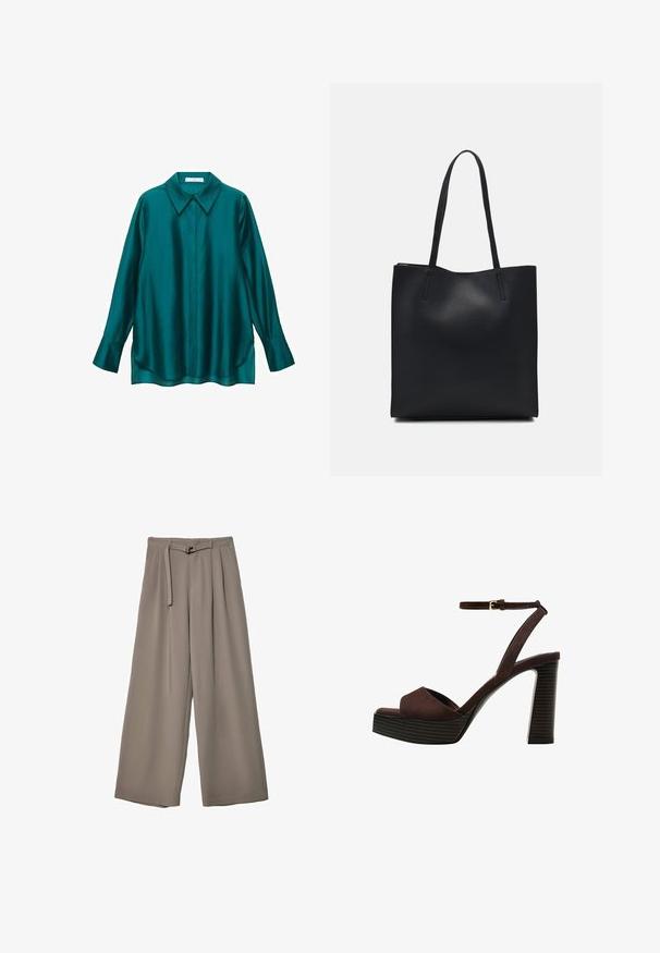 Tamnoplava satenaste košulje s oštrim ovratnikom, dugim rukavima i zakrivljenim rubom. Ima kopčanje naprijed na gumbe i glatku, sjajnu teksturu.; Široke hlače u mekoj, prigušenoj sivoj tkanini, s remenom na struku i plisiranim detaljima za dodatni dizajn. Glatka tekstura, bez uzoraka.; Smeđe zamšaste sandale s visokim potpeticama, otvorenim prstima, podesivom trakicom oko gležnja i prugastom platformom.; Crna kožna torba za nošenje s glatkom teksturom, pravokutnim oblikom i dvije duge ručke. Nema vidljivih metalnih dijelova ili ukrasa.