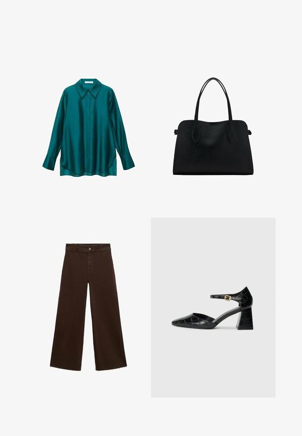 Satin srajca v turkizni barvi s koničastim ovratnikom, dolgimi rokavi in ukrivljenim robom. Ima gumb za zapiranje spredaj in gladko, sijočo teksturo.; Rjave široke hlače iz mešanice bombaža, z raztrganim robom, sprednjim gumbom in klasičnim dizajnom s petimi žepi. Minimalistične in vsestranske.; Črne patentne usnjene čevlje s visokimi petami, s koničastim nosom, trakcem okrog gležnja in teksturiranim kroko vzorcem. Oblikovanje kvadratne blokaste pete.; Črna usnjena torbica z dvema naramnima trakoma, pravokotne oblike in minimalističnim dizajnom na beli podlagi.