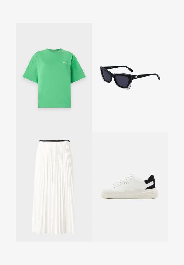 Tricou din bumbac verde, cu guler rotund, mâneci scurte și o croială lejeră. Prezintă un mic logo alb pe piept. Textură netedă.; Fustă plisată albă cu un brâu elastic negru, având logo-ul "LACOSTE". Design de lungime medie, cu textură moale.; Adidași din piele albă cu o talpă groasă albă, accent de călcâi din suede negru și logo embosat pe lateral. Design cu șireturi și șase orificii.; Ochelari de soare supradimensionați, negri, cu o formă geometrică, având lentile întunecate și un detaliu gri contrastant pe ramă. Logo pe braț.