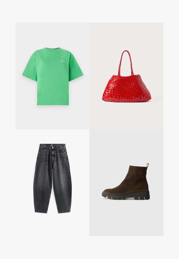 Roheline puuvillane T-särk, millel on ümar kaelus, lühikesed varrukad ja lõdvestatud lõige. Ees on väike valge logo. Sile tekstuur.; Hele sinine pikkade varrukatega polo-särk, millel on horisontaalsed hallid ja valged triibud ning krae.; Kõrgelt vööst mustad teksad, millel on lõdva lõige, viis taskut, vööloopidesse ja brändi silt vöökohtadel.; Pruun nahast pahkluu saabas, millel on tugev must kummitald, kerge konts ja tagumine tõmbetöödeldud osa, mis muudab selga panemise lihtsamaks.; Punane kootud käekott läikiva viimistluse ja punutud käepidemetega. Silmatorkav kolmnurkne kuju ja tekstureeritud pind tiheda mustriga.