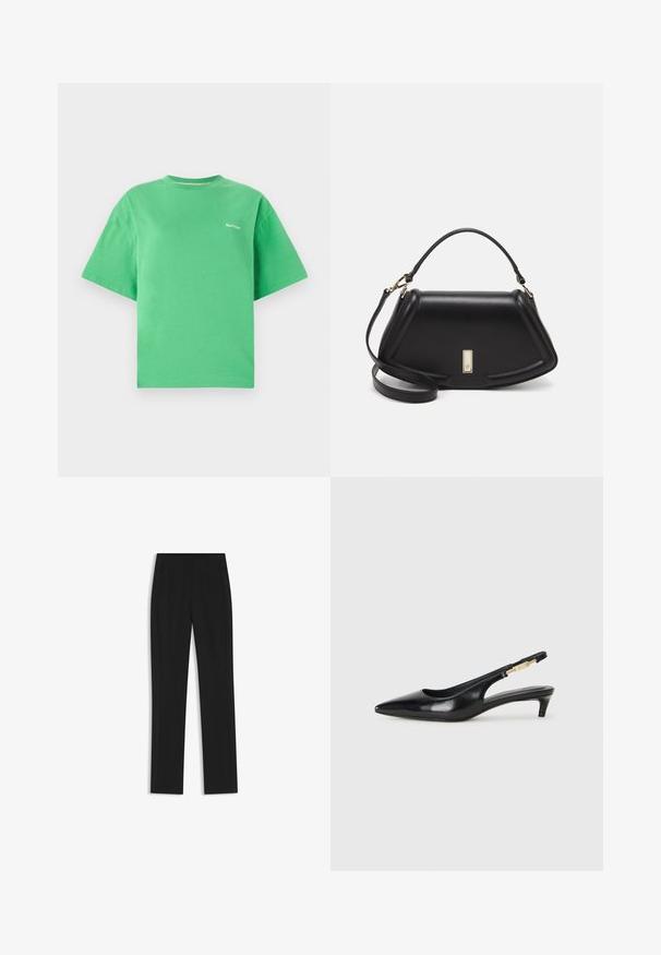 Green cotton T-shirt with a round neck, short sleeves, and a relaxed fit. Features a small white logo on the chest. Smooth texture.; Black tailored trousers with a straight-leg design, featuring front pockets and a smooth, textured fabric. Neat, minimal detailing.; Black leather slingback heels with a pointed toe, featuring a slim heel and a gold-tone accent on the adjustable strap. Smooth texture.; Black leather handbag with a structured design, featuring a cropped shape, top handle, and gold hardware accent. Adjustable shoulder strap included.