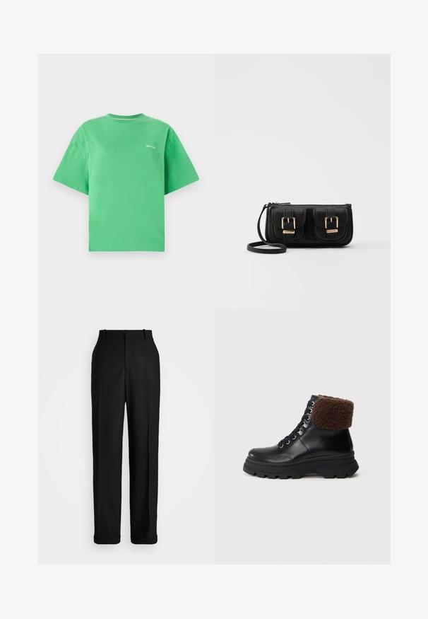 Zöld pamut póló kerek nyakkal, rövid ujjal és laza szabással. Kis fehér logóval a mellkason. Simogatós puha textúra.; Polo Ralph Lauren HIGH RISE RELAXED STRAIGHT TROUSER - Nadrágok - black; Fekete bőr, fűzős bakancs vastag talppal és hajtott barna gyapjúgallérral, oldalról, egyszerű háttér előtt.; Fekete bőr keresztbody táska két elülső zsebbel, arany csattokkal, cipzáras záródással és vékony pánttal. Textúrált felület és kompakt téglalap alak.