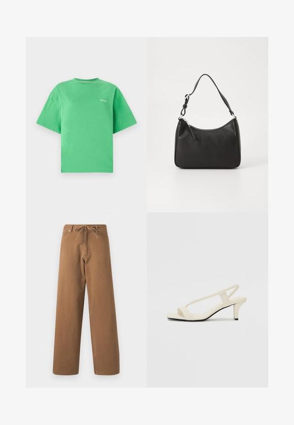 Zöld pamut póló kerek nyakkal, rövid ujjal és laza szabással. Kis fehér logóval a mellkason. Simogatós puha textúra.; Barna, bő szárú nadrág, pamutból készült, combrészes derékkal és két elülső zsebbel. Texturált anyag, sima felülettel.; Beige színű, blokksarkú szandálok vékony pántokkal és négyzet alakú orral. Simább anyag, minimális részletezéssel, amely könnyű viselésre lett tervezve.; Fekete bőrtáska ívelt formával, egyetlen pánttal, cipzáras záródással és diszkrét logóval az elején. Simább textúra, minimalista dizájn.