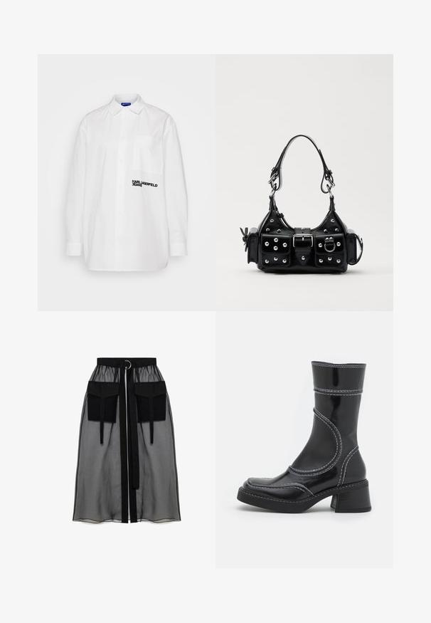 White button-up shirt with a collar, featuring a pocket and black "KARL LAGERFELD JEANS" text logo on the left chest. Smooth texture.; Black sheer skirt with a gathered waistband, featuring two large front pockets, a waist tie, and a circular metal accent.; Black patent leather ankle boot with white stitching, rounded toe, and block heel. Features curved design lines and a smooth texture.; Black leather handbag with a curved design, featuring silver studs, a buckle, and two side pockets. Adjustable strap for carrying options.