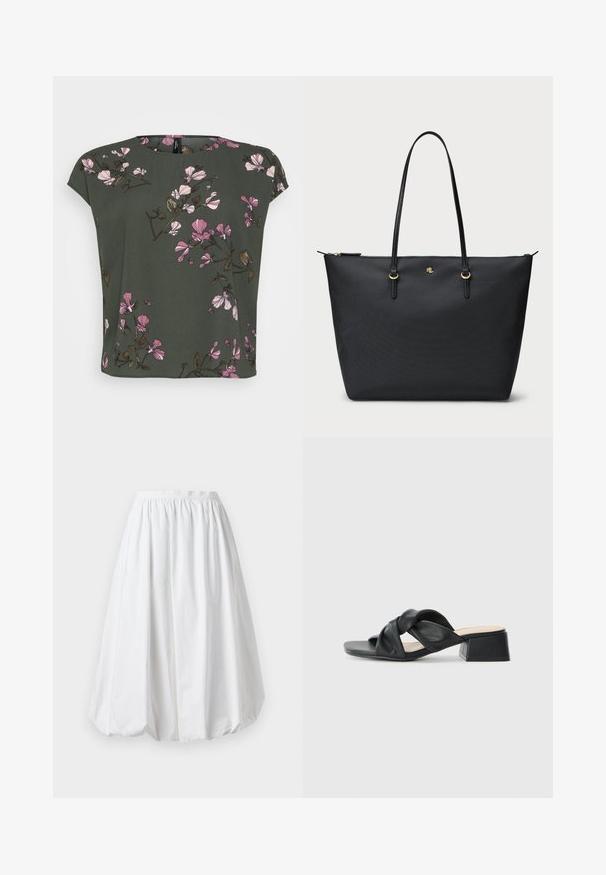 Short-sleeve, olive green top with a floral pattern featuring pink and white flowers. Soft fabric with a relaxed fit and round neckline.; White, knee-length skirt with an elasticated waistband and a balloon shape. Made from lightweight fabric with a smooth texture.; Black leather sandal with a twisted upper design, square toe, and a low block heel, featuring a smooth texture and minimalist style.; Black tote bag with a textured surface, zip closure, and two leather handles. Features gold hardware and a subtle logo on the front.
