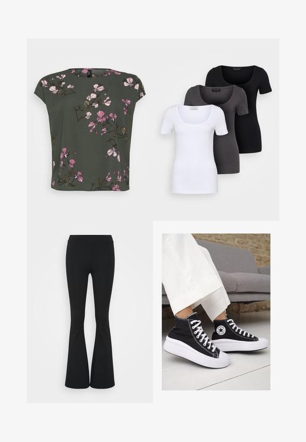 Īsām piedurknēm olīvu zaļa blūze ar ziedu rakstu, kurā ir rozā un baltas puķes. Mīksta auduma, brīvā piegriezumā ar apaļu kakla izgriezumu.; Trīs pieguļoši T-krekli baltā, pelēkā un melnā krāsā. Katram ir plaša izgriezuma kakla un īsas piedurknes. Izgatavoti no gluda, elastīga auduma.; Melnas izplešanās bikses, izgatavotas no elastīga auduma, ar augstu vidukli un gludu tekstūru. Bikses izvēršas no ceļa.; Melni kanvas augstpapēžu apavi ar baltām gumijas zolēm un auklām. Ievērojams aplis logotips sānos un kontrastējoša balta šuvums.